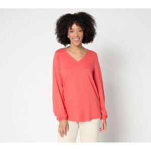 SUNNYLiFE Women's Top Sz L Slub Knit V Neck Blouson Sleeve Pink A719125